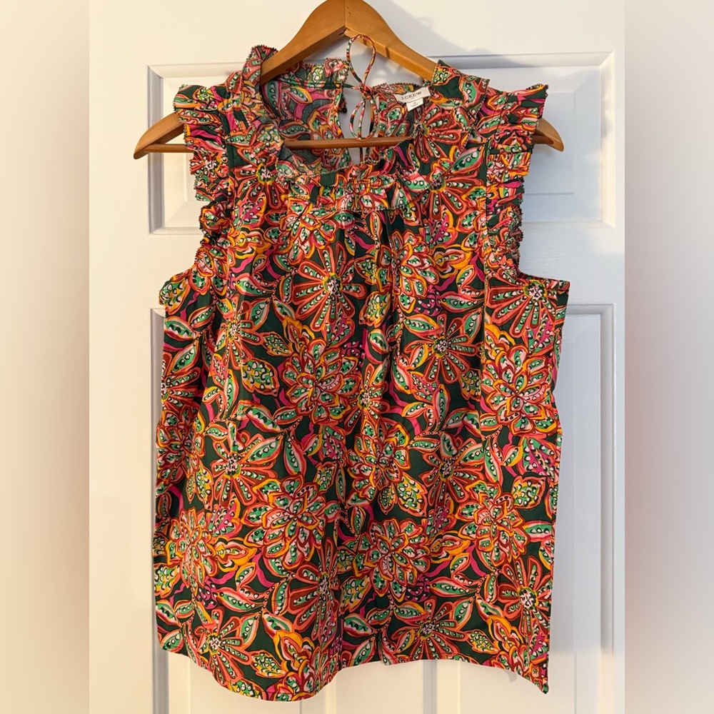 J Crew orange, pink and navy ruffle neck sleeveless top.  Size S.  NWT